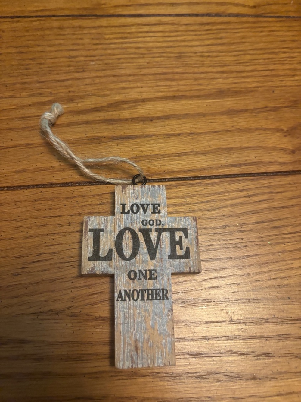 Wooden Cross Ornament with 'Love God, Love One Another' - Distressed Blue